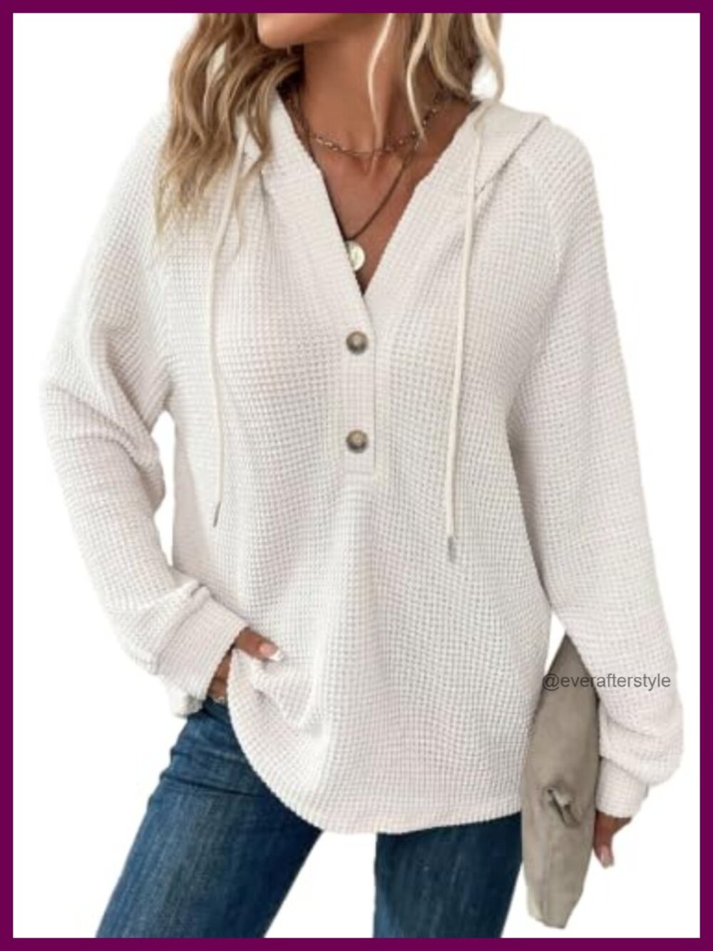 Waffle Knit Button V Neck Hoodie - Oversized Casual Drawstring Sweatshirt